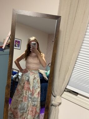 Morgan & Co. Blush Lace Crop Top with Floral Satin Ball Gown Skirt